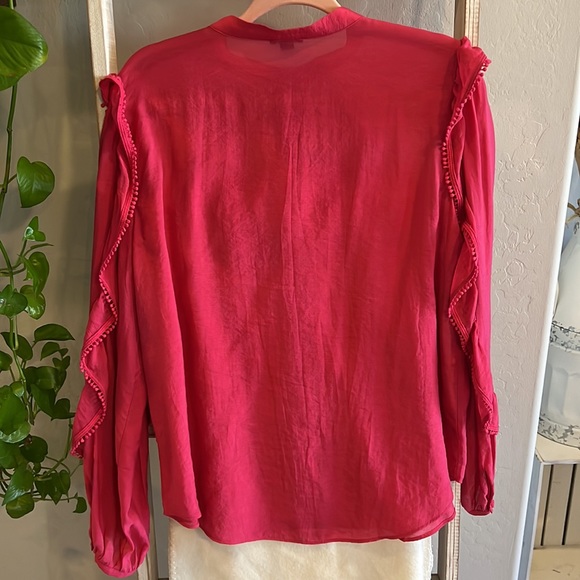 Hot pink long sleeve Ann Taylor blouse with ruffle shoulder and sleeve detail - Picture 2 of 3